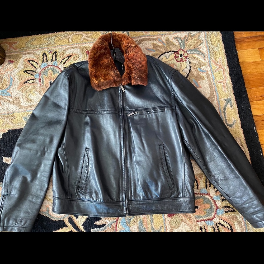 Versace classic lthr fur collar jacket sz 50